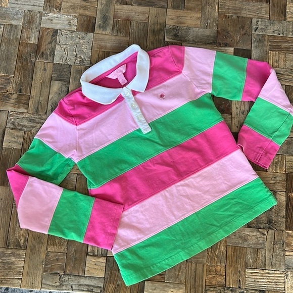 Lilly Pulitzer Girls Long Sleeve Pink Green Striped Polo Shirt Size 8 - Picture 1 of 10